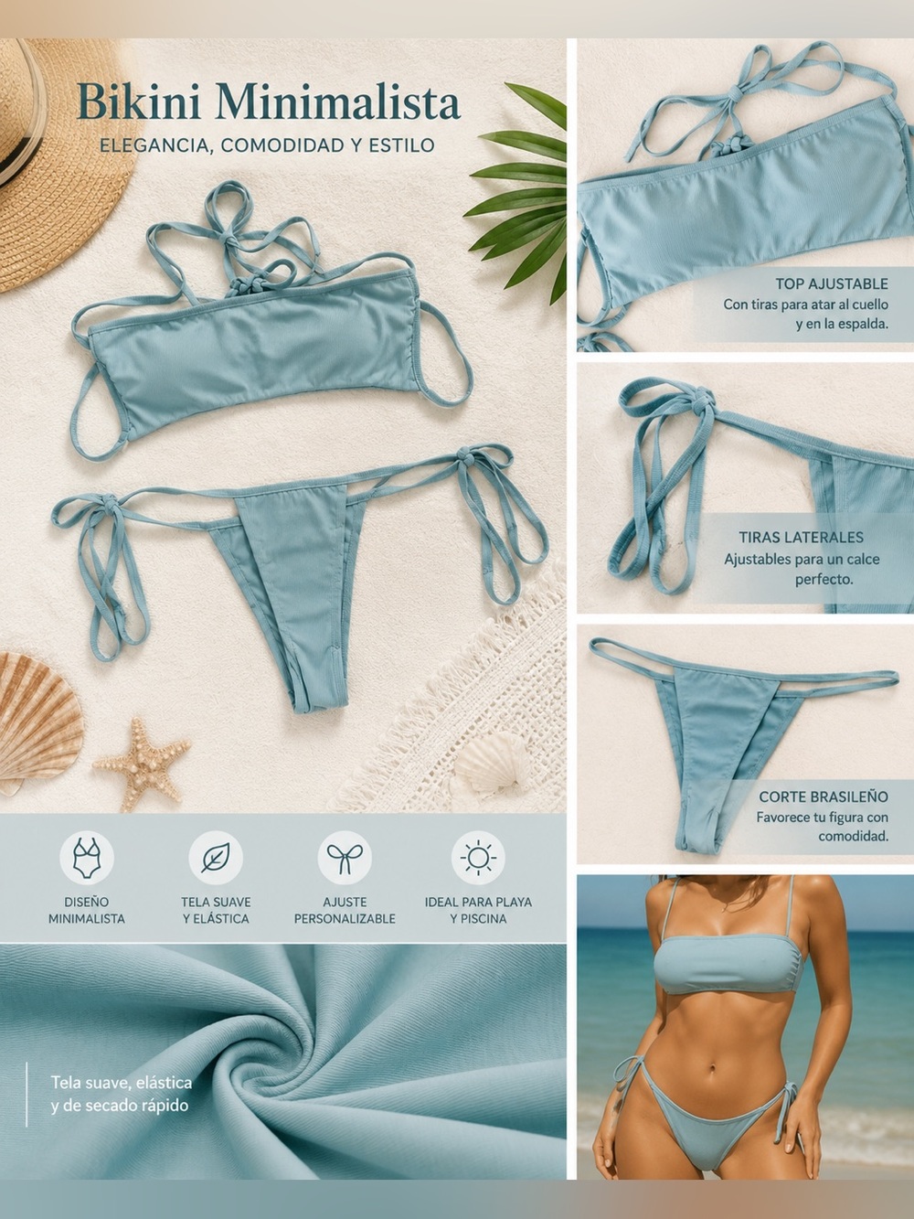 Fashion Nova Light Blue Minimalist Tie-Side Bikini Set